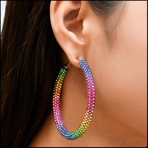 Hoop Earrings & Bracelet Set Pave Crystals Rainbow Iridescent - Picture 6 of 15